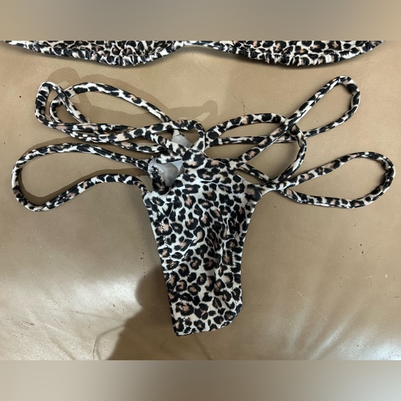 NWOT Handmade Sexy Skimpy Tri-Top Spider Strap Thong Bottom Leopard Print Bikini - Picture 3 of 6